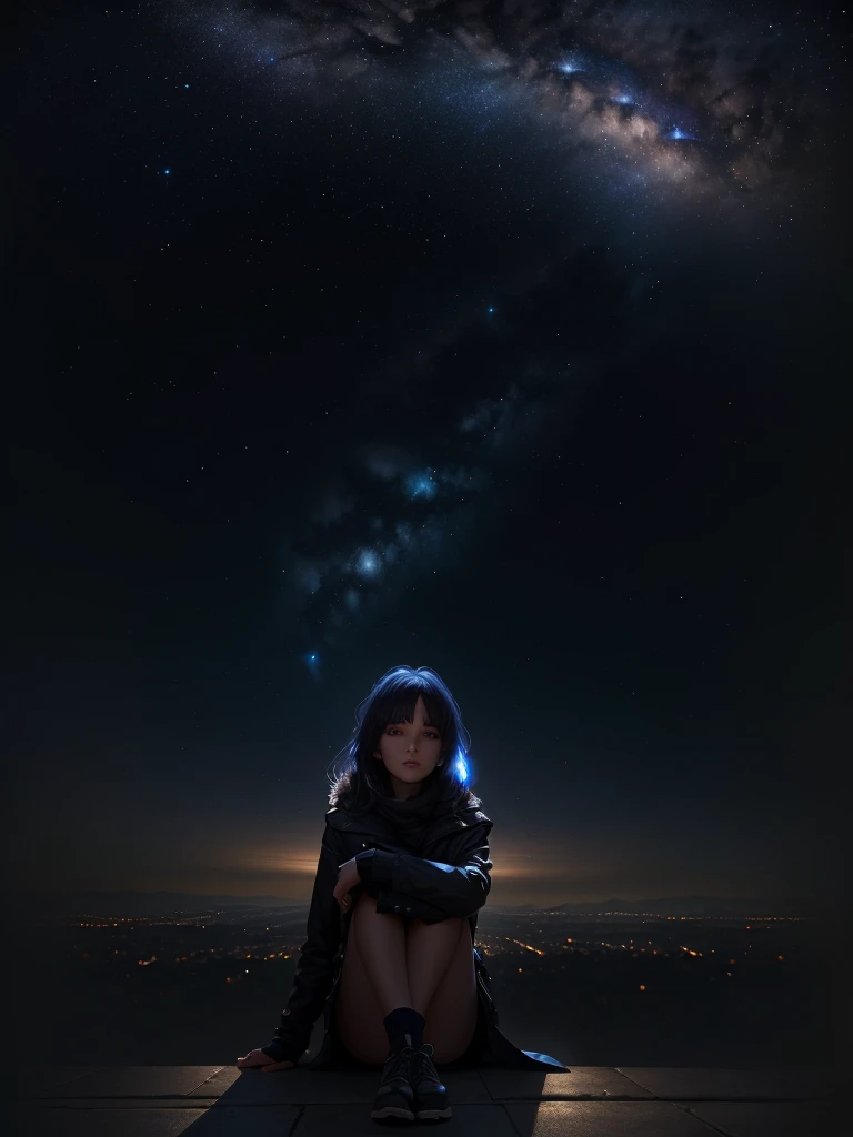 une femme assise par terre sous un ciel nocturne avec des étoiles, scène d&#39;anime, beautiful scène d&#39;anime, par Shingei, incredible scène de film d&#39;animation, Takato Yamamoto Esthétique, animé atmosphérique, Conrad Roset et Makoto Shinkai, Takat...