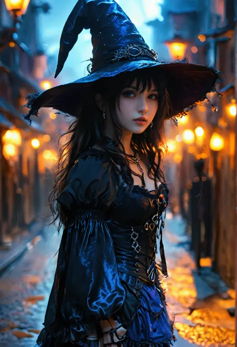 (masterpiece) (best quality) (perfect face) In a beautiful anime style. A beautiful young woman dressed as a witch. Long hat, blue harness and frilly skirt. Shes standing in the street at night, with an evil, sneaky look on her face. The street is dark, bu...