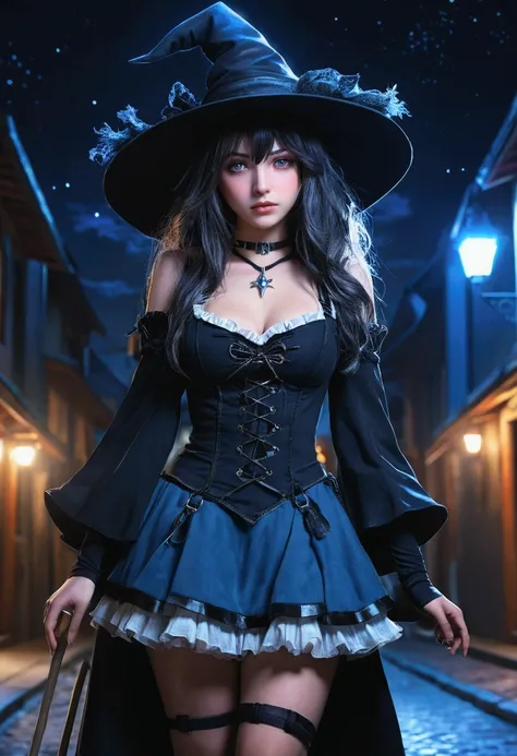 (masterpiece) (best quality) (perfect face) In a beautiful anime style. A beautiful young woman dressed as a witch. Long hat, blue harness and frilly skirt. Shes standing in the street at night, with an evil, sneaky look on her face. The street is dark, bu...