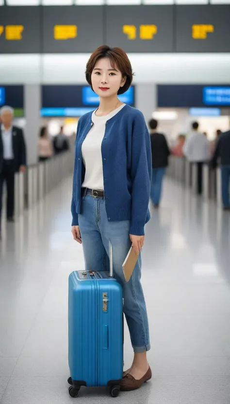 Beautiful 50s Korean woman , 32 inch chest size, Your eyes are big and pretty. Short in stature. Standing in the departure hall of the airport. . short medium hair, Standing in line at the departure hall of Frankfurt Airport, Germany. Wear comfortable trav...