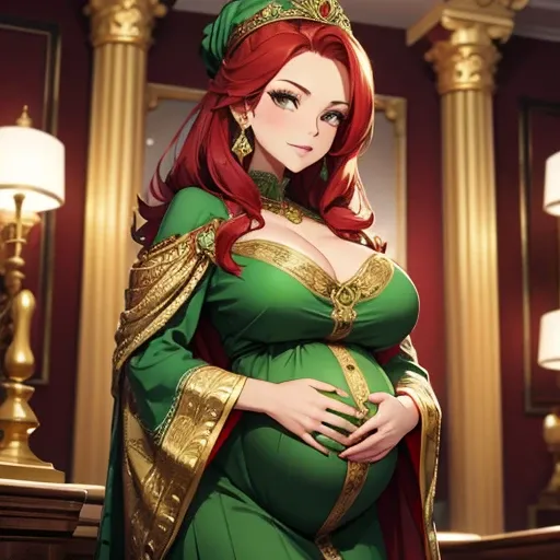 Sexy pregnant queen, red hair, ornate green dress with gold details, 