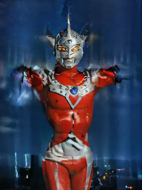 Put arms together and emit rays,40m tall Giant superhero Ultraman Taro,standing on Tokyo Japan in the dark,The same size as the building,tall and slim, portrait, fighting pose, photo high quality, realistic photo, night scene,silver helmet, glass hemispher...