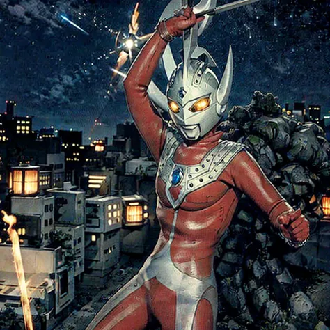 photo realistic,between the buildings of tokyo at night、a skinny, naked ultraman taro crucified on a giant xcross、covered in sca...