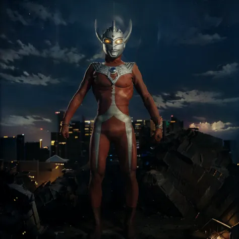 put arms together and emit rays,40m tall giant superhero ultraman taro,standing on tokyo japan in the dark,the same size as the ...