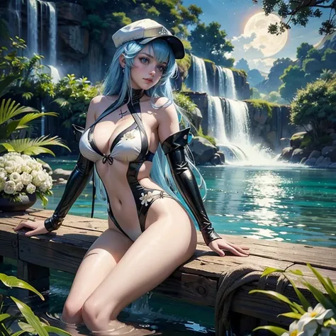 1 girl, lake scene, seat on the water, black suit, white details on her clothes, waterfall, white flowers on focus, full moon, night, flowing hair, crystals, sparkles, swim suit, blue hair, cap