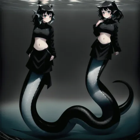 (mermaid:1.0), 1 long black shark tail, full body, midriff black crop top, beautiful perfect symmetrical face, beautiful cute da...