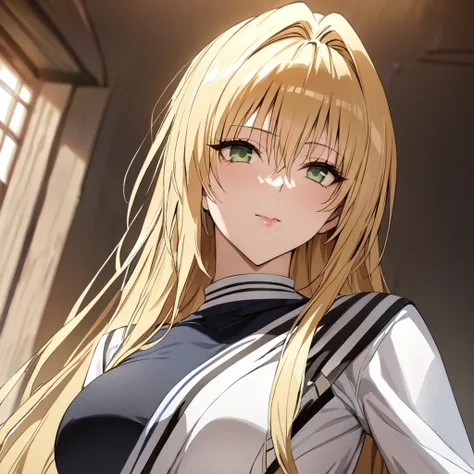 ((Highest quality)), ((masterpiece)), (detailed), （Perfect Face）、The woman is a Tier, with green eyes, medium-length blonde hair, and Messianic clothing.