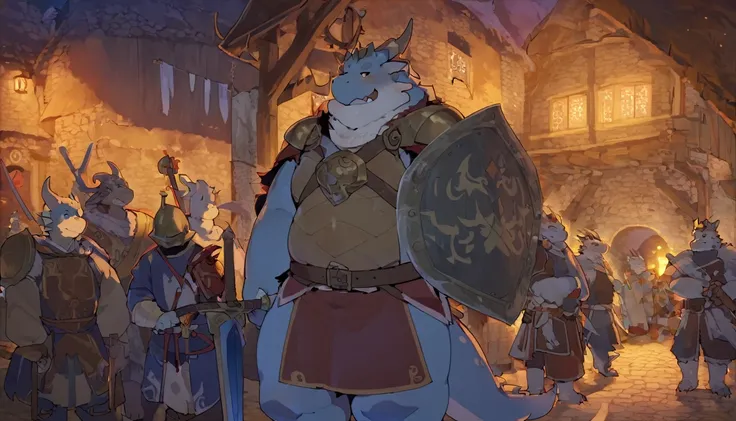 Dragon, male, furry anime,fat, chubby,perfect body, detailed face,paladin,wearing Medieval adventure equipment ,A heavy greatsword on the back, Holding a large shield , medieval times, village,anthro,doujin,yaoi,fantasy world ,isekai, adventure,boukensha, ...