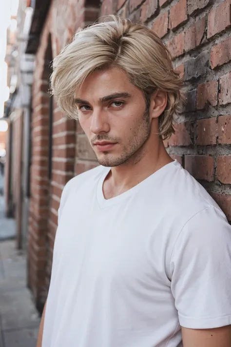 handsome man ,blond, blue colored eyes, white undershirt