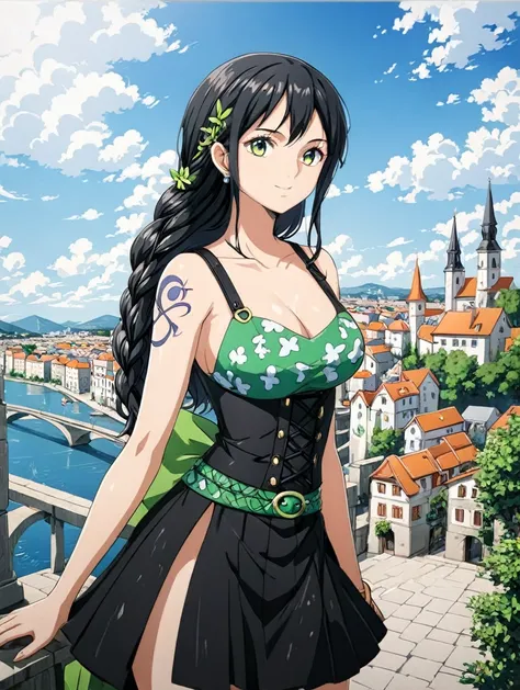 girl with black hair and green eyes shes european and she has a long braid