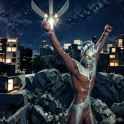 1man,solo,photo realistic,between the buildings of tokyo at night、a skinny, naked ultraman taro crucified on a giant xcross、cove...