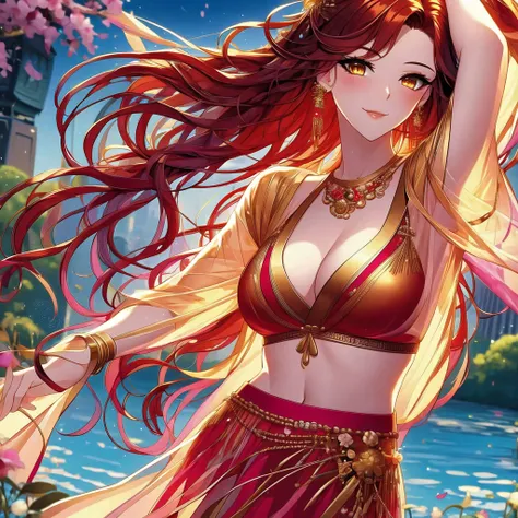 (masterpiece, best quality: 1.2), 1 female, solo, dancing alone, Xian Mei, beautiful golden eyes, long red curly hair, detailed face, beautiful face, jewelry, perfect anatomy, perfect body, traditional pink-purple belly dance dress, medieval china, sexy, h...