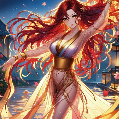 (masterpiece, best quality: 1.2), 1 female, solo, dancing alone, Xian Mei, beautiful golden eyes, long red curly hair, detailed face, beautiful face, jewelry, perfect anatomy, perfect body, traditional pink-purple belly dance dress, medieval china, sexy, h...