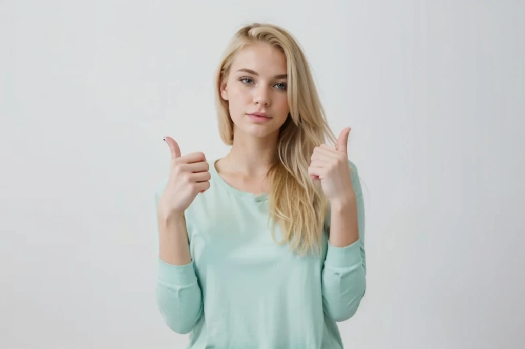 create a photo of a 23-year-old blonde making the same sign in a dark room setting