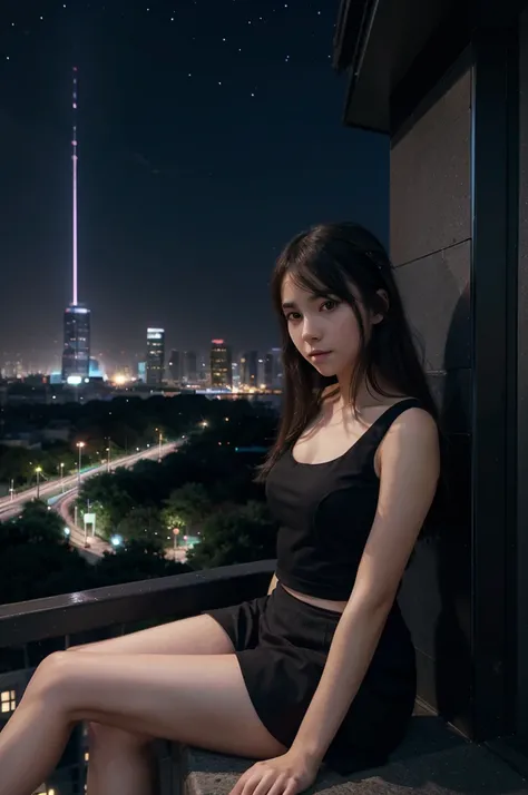 A girl dressed in a black top sitting on the edge of a skyscraper., by Studio Ghibli, city landscape, detailed illustration, Official Art, kawacy style, elegant movement, nocturne, compound, hd wallpapers