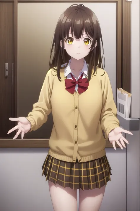 sayoghiwara, sayu ogiwara, long hair, bangs, brown hair, (yellow eyes:1.5), smile,
break skirt, shirt, long sleeve, bow, , white...