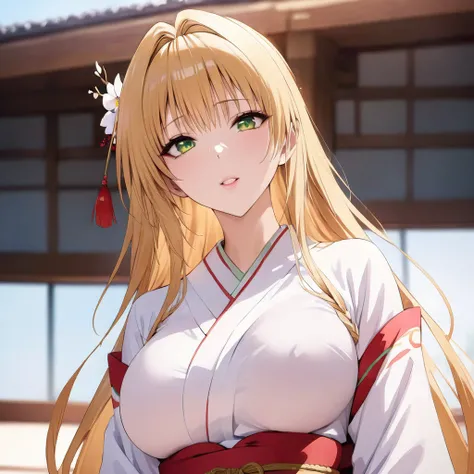 ((Highest quality)), ((masterpiece)), (detailed), （Perfect Face）、The woman is Tiare, with green eyes, medium-long blonde hair, and is dressed as a shrine maiden.