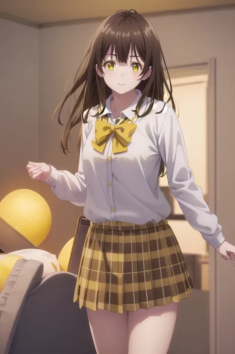 sayoghiwara, sayu ogiwara, long hair, bangs, brown hair, (yellow eyes:1.5), smile,
break skirt, shirt, long sleeve, bow, , white...