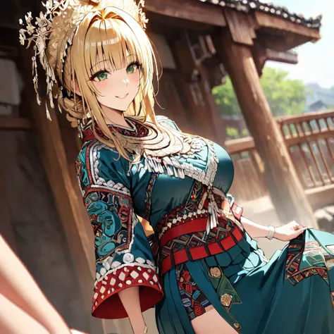 ((Highest quality)), ((masterpiece)), (detailed), （Perfect Face）、The woman is a Tier, with green eyes, medium blonde hair, ethnic medicine and a gorgeous hat.、Smiling with a gentle smile、The woman is being shown her outfit、The whole body is in the frame