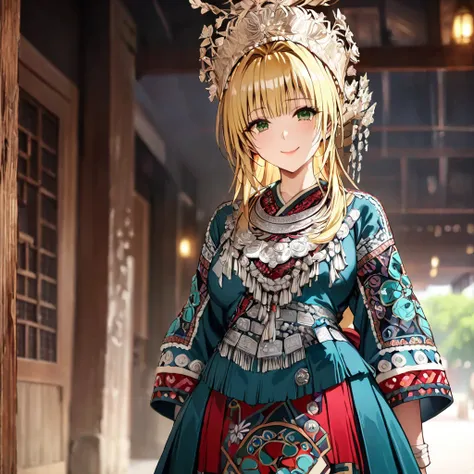 ((Highest quality)), ((masterpiece)), (detailed), （Perfect Face）、The woman is a Tier, with green eyes, medium blonde hair, ethnic medicine and a gorgeous hat.、Smiling with a gentle smile、The woman is being shown her outfit、The whole body is in the frame