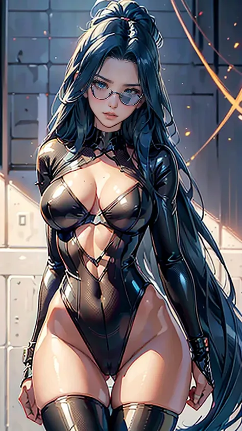 (best quality: 1.2), clean face, (masterpiece: 1.2, 8k) perfect anatomy, 1girl,a beautiful fashion model ,(masterpiece, official art, best quality ,long and shiny hair, blue hair with streaks in hair, long hair, full lips, slender body, slim body shiny bre...