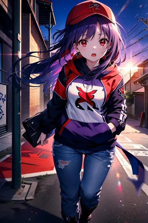 yuukikonno, Konno Yuuki,  Long Hair, Pointed Ears, Purple Hair, (Red eyes:1.5), (Small breasts:1.2), Open your mouth,Baseball hats,Oversized purple hoodie,jeans,Thick hem,boots,Walking,Graffiti wall,Daytime,Clear skies,Both hands are in the pockets of the ...