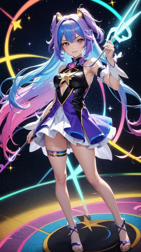 A vibrant anime-style magical girl with rainbow-colored hair, wearing a futuristic costume with glowing accents, wielding a star-shaped wand, surrounded by floating holographic symbols and sparkles