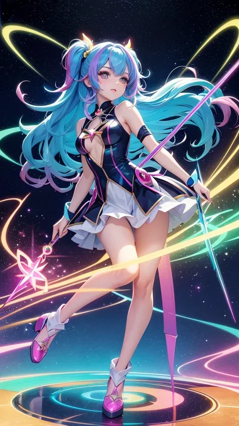 A vibrant anime-style magical girl with rainbow-colored hair, wearing a futuristic costume with glowing accents, wielding a star-shaped wand, surrounded by floating holographic symbols and sparkles