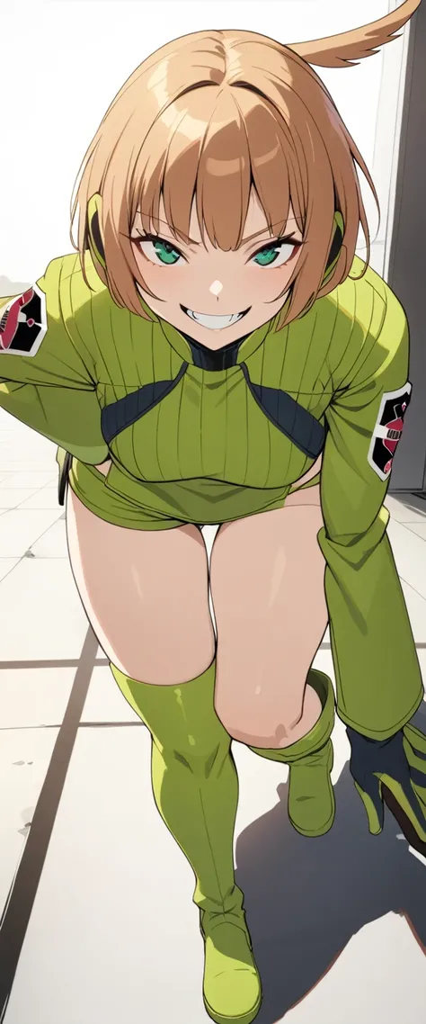 Konami,One girl,smile, View your viewers, Green jacket, gloves, Green micro shorts,Green knee-high boots footwear, masterpiece,Highest quality,Grinning face