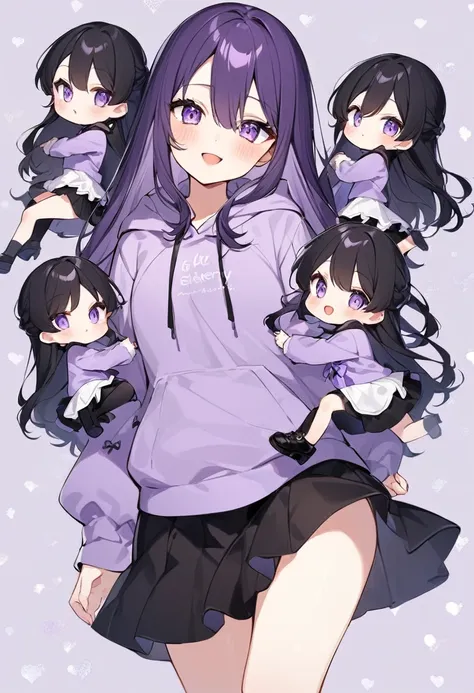 Keito。Purple hoodie。Black Skirt。Purple Eyes。Black Hair。Black shoes下。Black shoes。6 sistery eldest daughter has lavender hair.。all female。Sextuplets