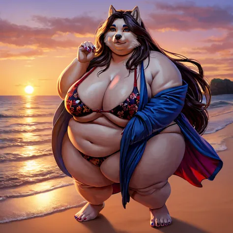 Wolf, female, long hair, morbidly obese, lightly clothed, coloured nails,robe,bikini top, sunset l,beach,fat arms 