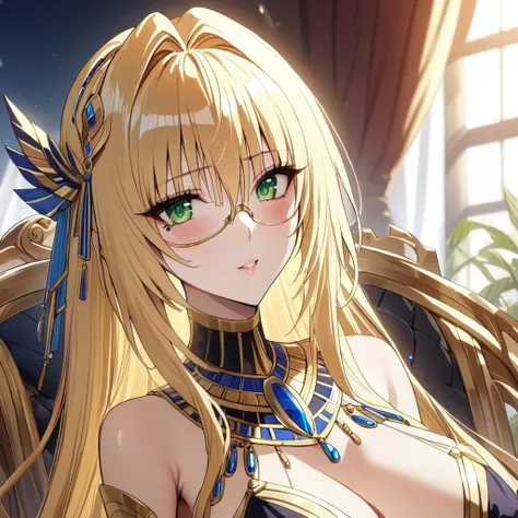 ((Highest quality)), ((masterpiece)), (detailed), （Perfect Face）、The woman is Tiare, with green eyes, medium-long blonde hair, and is wearing the luxurious costume of Egyptian royalty in the near future.