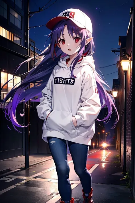 yuukikonno, Konno Yuuki,  Long Hair, Pointed Ears, Purple Hair, (Red eyes:1.5), (Small breasts:1.2), Open your mouth,Baseball hats,Oversized purple hoodie,jeans,Thick hem,boots,Walking,Graffiti wall,Daytime,Clear skies,Both hands are in the pockets of the ...