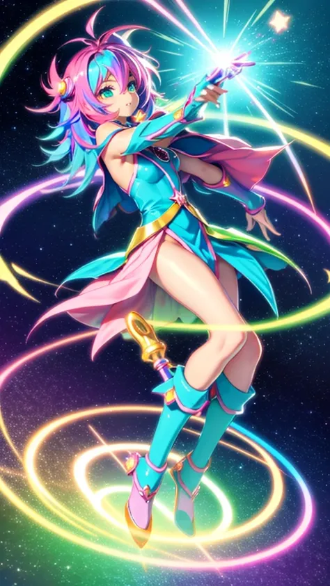 A vibrant anime-style magical girl with rainbow-colored hair, wearing a futuristic costume with glowing accents, wielding a star-shaped wand, surrounded by floating holographic symbols and sparkles