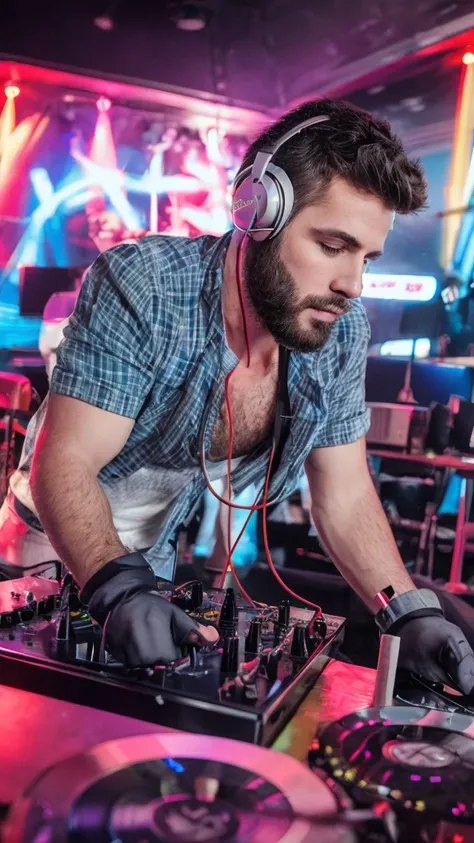 A sexy male DJ in a club, handsome face, short beard, messy black hair, headphone, Dj set up, party,fun, music 