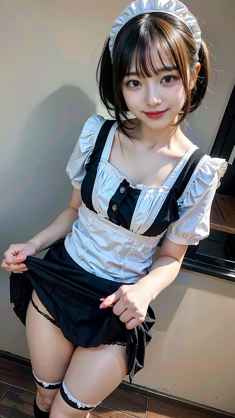 (8K、RAW Photos、Highest quality、masterpiece:1.2)、(Realistic、Realistic)、1 Girl、((Maid Costume:1.2、Thin legs、whole body、View from the front、smile、Looking into the camera、Hold your skirt with both hands and show me your black panties))、cute