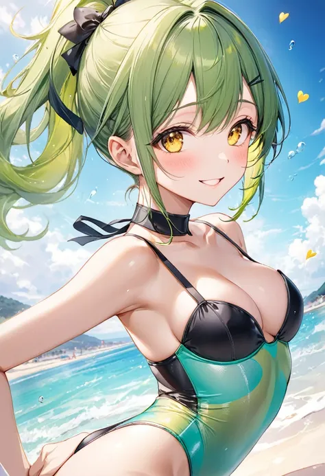 (pov Swimwear style) (beautiful body), (solo:2, 15 yo, ponytail green hair long hair cute girl, ecstasy yellow eyes, ecstasy smile, love mode, medium tits), (in a Double exposure one piece bustier swimsuit), break, in the Swimsuit contest venue, background...