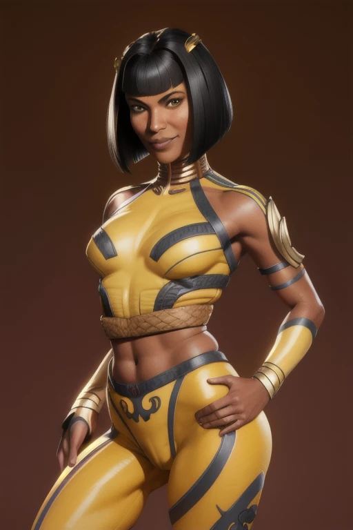 tanyamk1, black hair,  brown eyes,  bob cut, 
yellow leotard,   elbow sleeves,  smile,  
royal garden, mortal kombat,  hips,  ye...