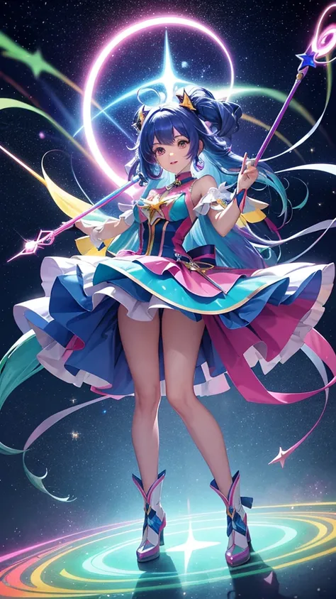 A vibrant anime-style magical girl with rainbow-colored hair, wearing a futuristic costume with glowing accents, wielding a star-shaped wand, surrounded by floating holographic symbols and sparkles