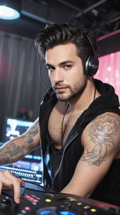 A sexy male DJ in a club, handsome face, short beard, messy black hair, headphone, Dj set up, party,fun, music , looking at the camera seductively, horney 