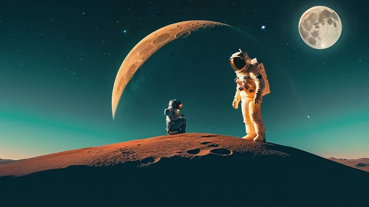 A captivating, whimsical digital illustration featuring a cartoonish astronaut sitting on a tiny, cratered moon. The astronaut, clad in a vibrant orange spacesuit, is lost in thought, gazing out into the vast emptiness of space. The soft pastel hues of the...