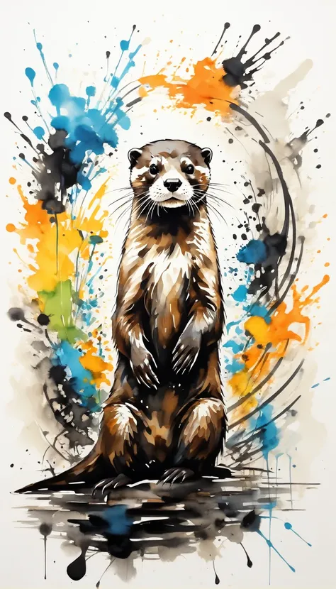 vectorial art, Colorful illustration with otter, At the center, swirly vibrant colors，graffiti art，ink spatter，Wild and unbridled，rich and colorful，visual impact,modern aesthetic