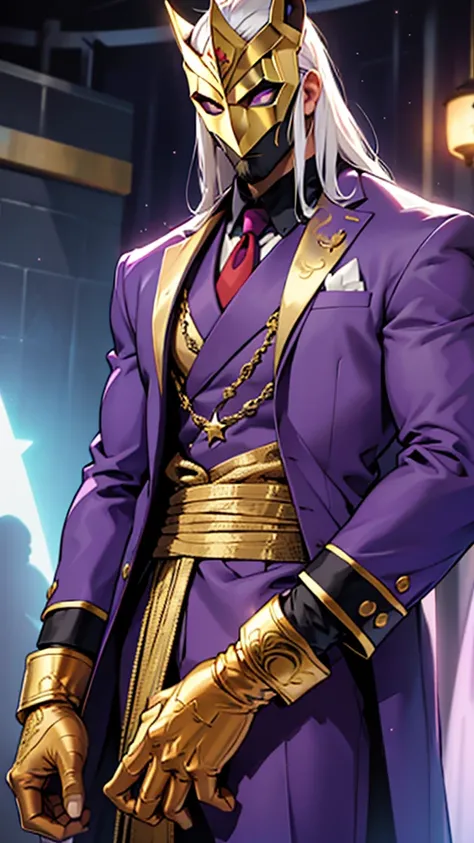 A tall, strong man who wears a purple suit with gold details and wears a star mask that covers his entire face 