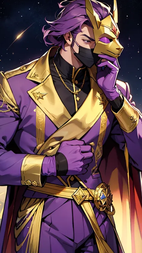 A tall, strong man who wears a purple suit with gold details and wears a star mask that covers his entire face 