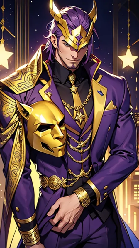 A tall, strong man who wears a purple suit with gold details and wears a star mask that covers his entire face 