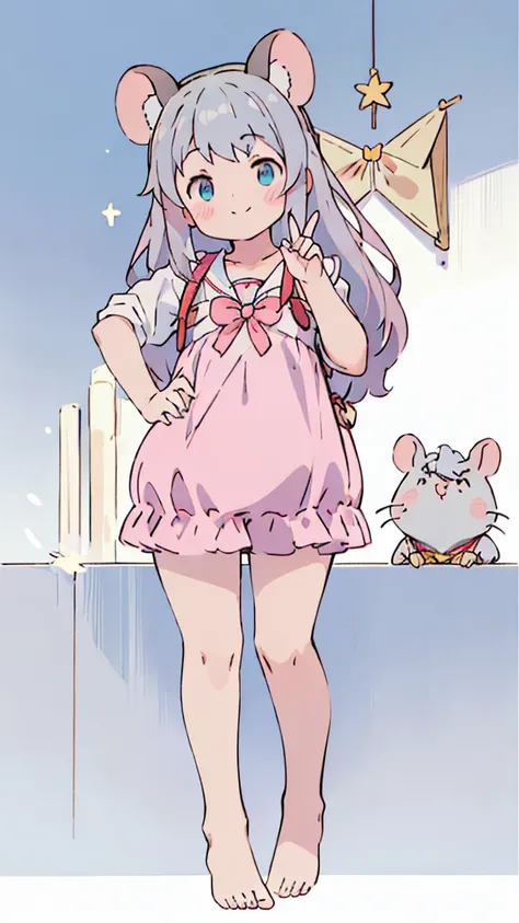 ((masterpiece))((Highest quality))Mouse Ears、girl、smile、blush、Flat Chest、Are thin、、low length、Gray Hair、blush、Are standing、Whole body image、Even your toes are visible、Eye level on face、front、No background、Mouse pose、真frontのアングル、Sailor suit