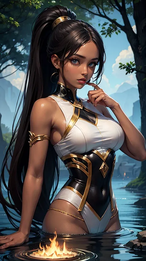 1girl,solo,blue eyes,fire,ponytail,dark skin,dark-skinned female,hair tubes,breasts,long hair,water,black hair,brown hair,bare shoulders,lips,sleeveless,tree,hydrokinesis,score_9,score_8_up,