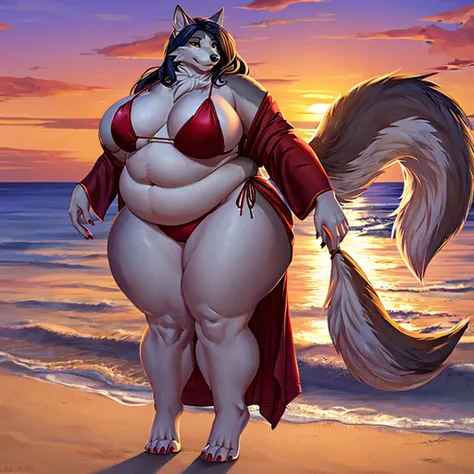 Wolf, female, long hair, morbidly obese, lightly clothed, coloured nails,robe,bikini top, sunset l,beach,fat arms , half nude,heavy bottom, massive thighs, massive hips,big tail