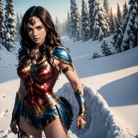 wonder wonder woman in the snow, wojtek fus, portrait of wonder woman, 8 k realistic digital art, sexy painting of gal gadot, realistic digital art 4 k, realistic digital art 4k, alena aenami and artgerm, wonder woman, incredible digital art, gal gadot por...