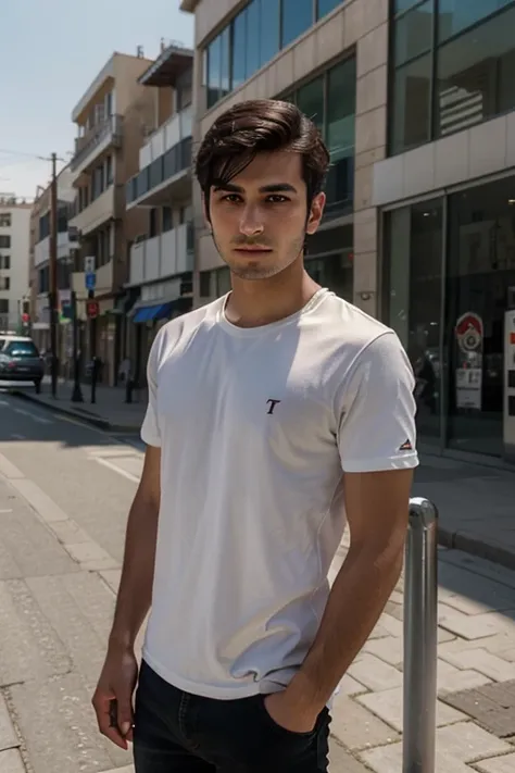 A young Turkish man around 25 years old, captured in an ultra-realistic portrait, wearing casual clothes and sporting casuaz short hair, standing outside on a sunny day. His expression is relaxed and natural, blending seamlessly into the urban backdrop. Ph...